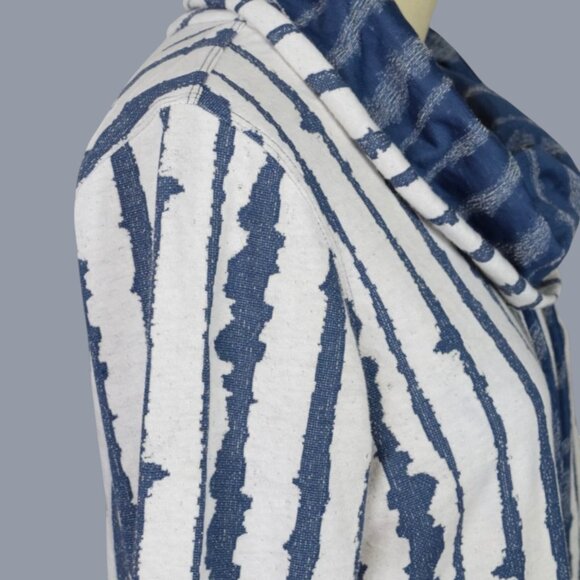 ALI MILES ABSTRACT VERTICAL STRIPE CREAM BLUE COWL NECK SWEATER - Picture 3 of 8